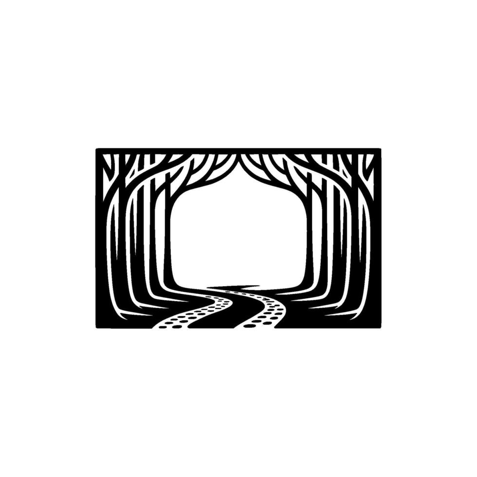 Stylized Forest Path Frame - Minimalist Black White. vector