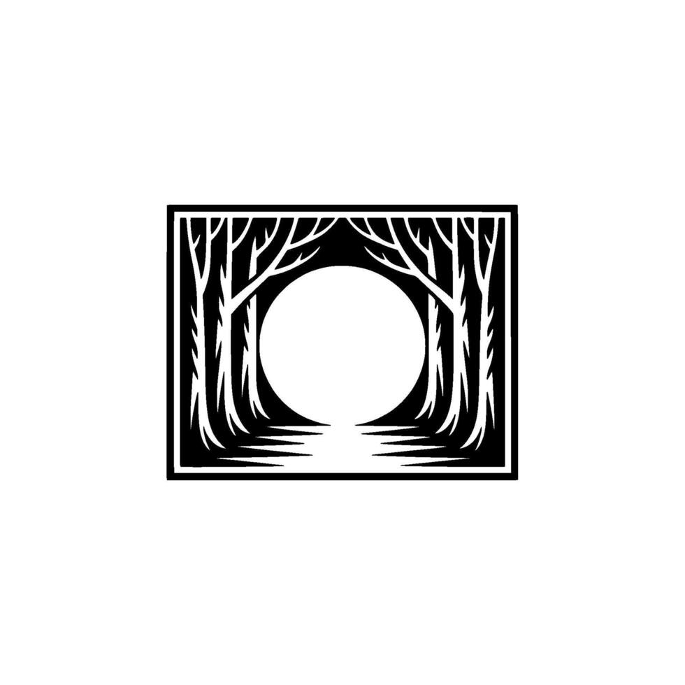 Silhouette Forest Scene Black White Square Illustration. vector