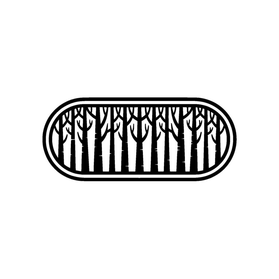 Minimalist Forest Landscape Black Trees in Oval Frame, White Background. vector