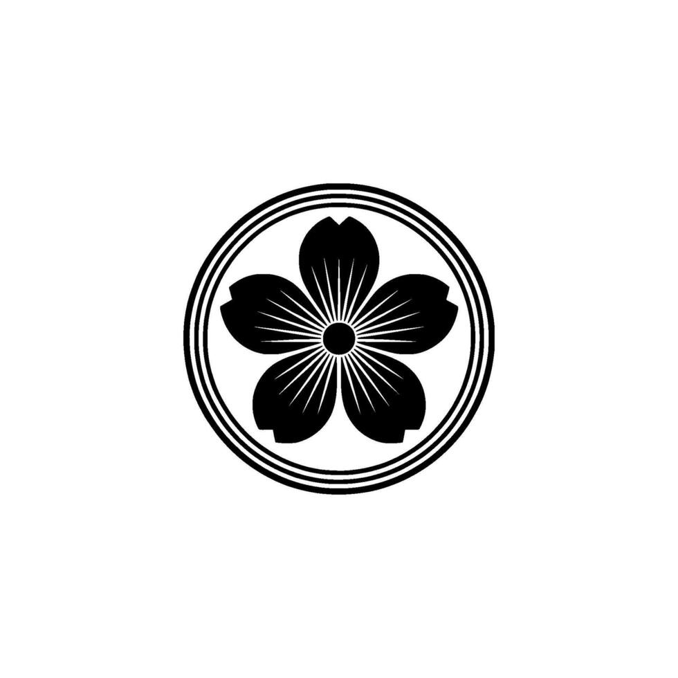 Minimalist Japanese Cherry Blossom Crest, Monochrome. vector