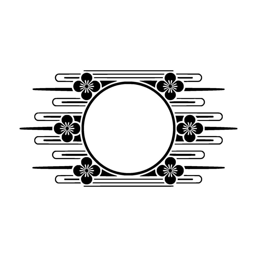 Japanese Floral Frame Black and White Element. vector
