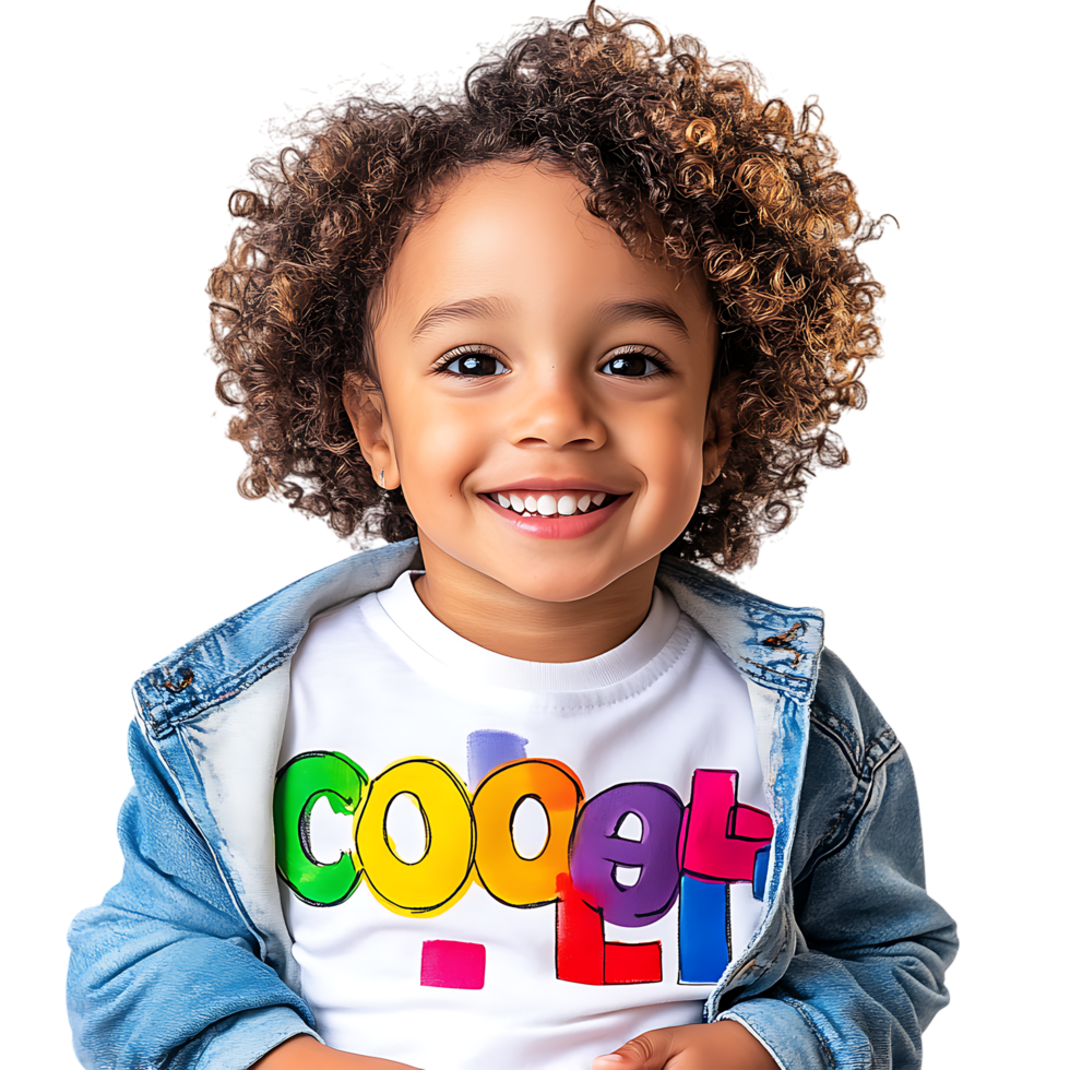 Happy Child Wearing Colorful Alphabet Shirt against transparent background png