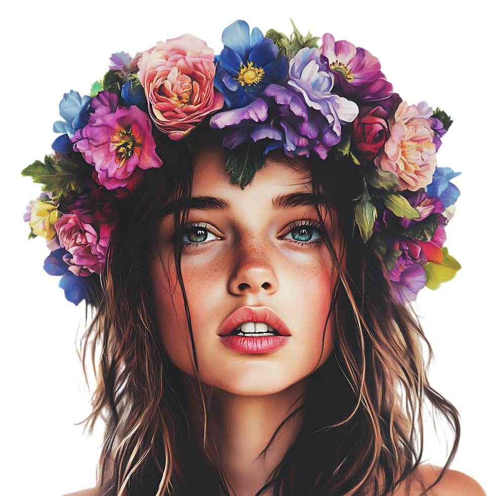 Stunning Woman with Floral Crown A Beautiful Flower Headpiece against transparent background png