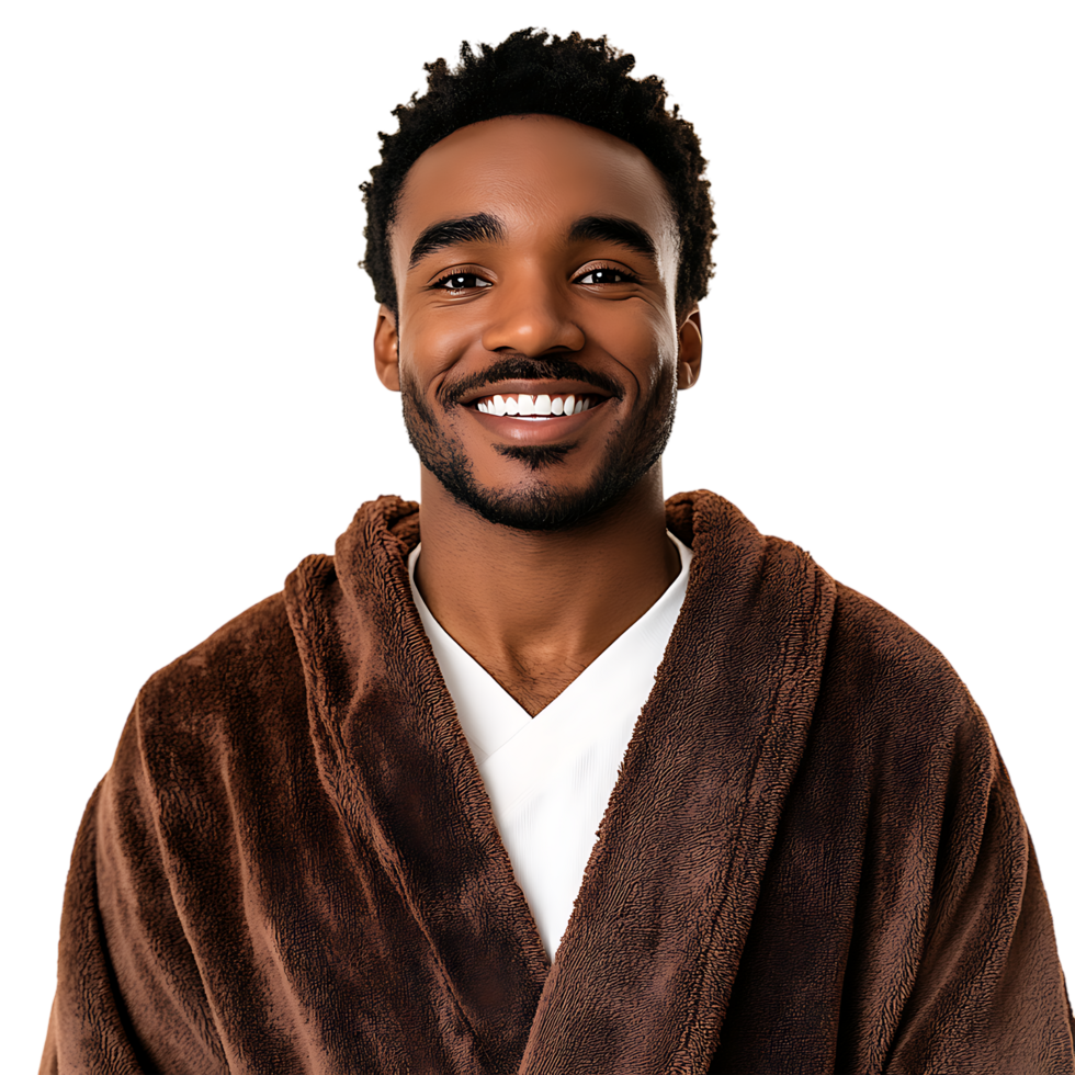Smiling Man in Brown Plush Robe  Cozy Winter Fashion against transparent background png