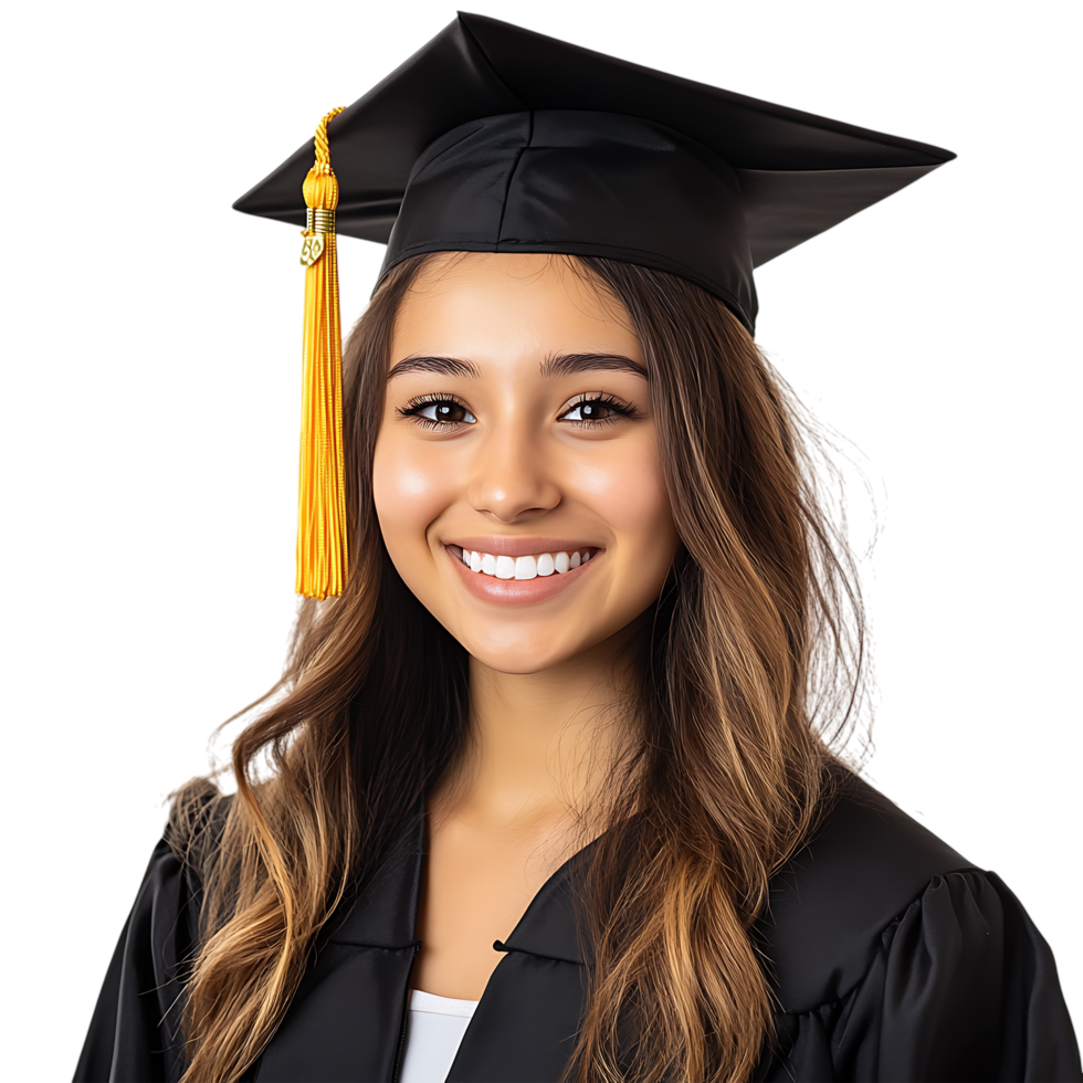 Happy Female Graduate in Cap and Gown against transparent background png