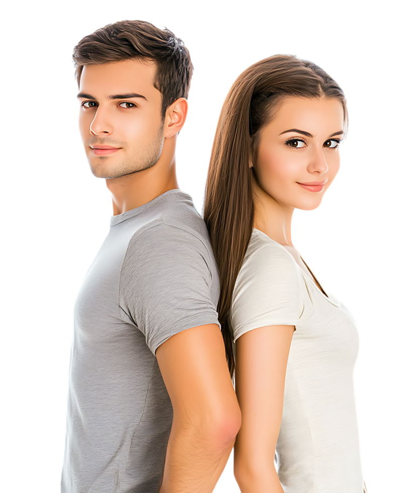 Young Couple Back to Back Portrait of Attractive Man and Woman against transparent background png