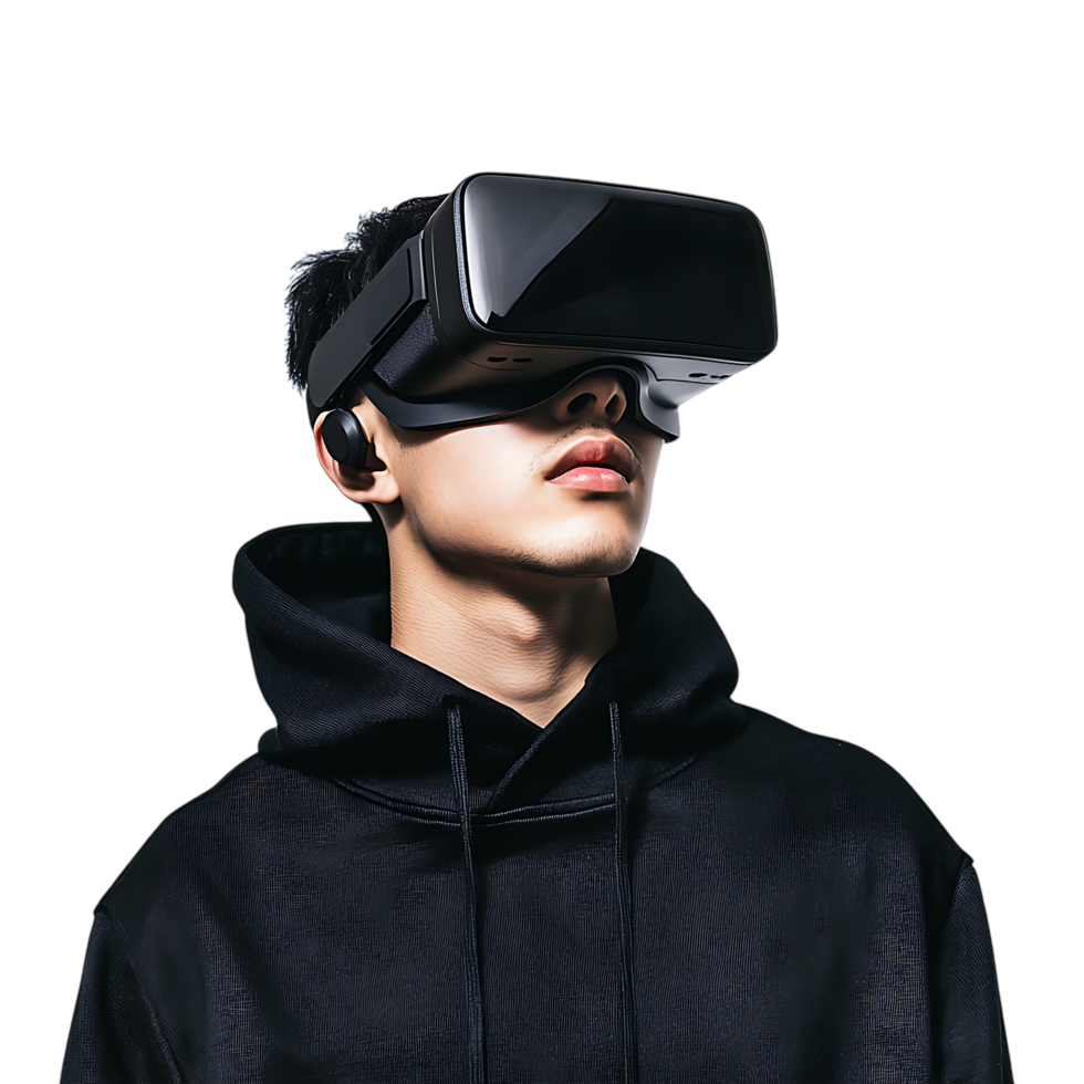 Young Man Experiencing Virtual Reality VR Headset Technology Metaverse Immersive Gaming Future against transparent background png