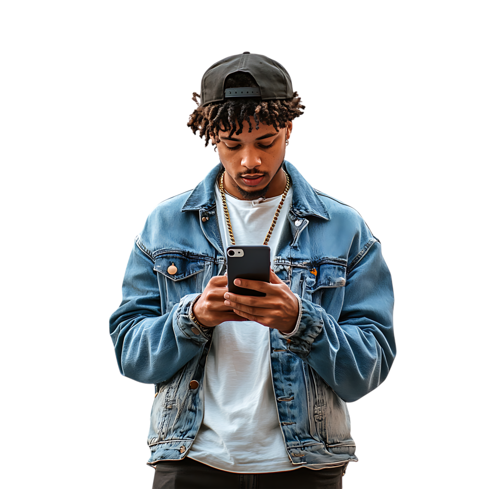 Young Man Using Smartphone against transparent background png