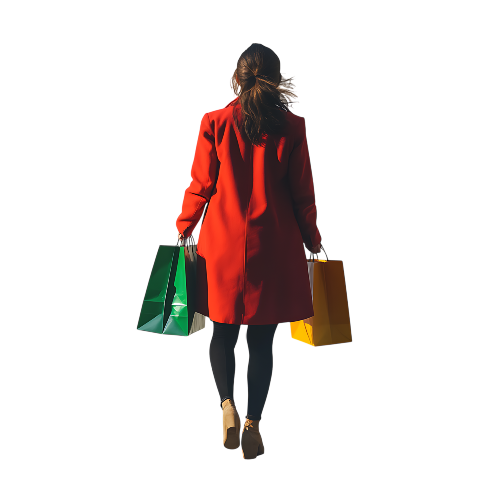 Woman Shopping Bags Red Coat Autumn Fashion Style against transparent background png
