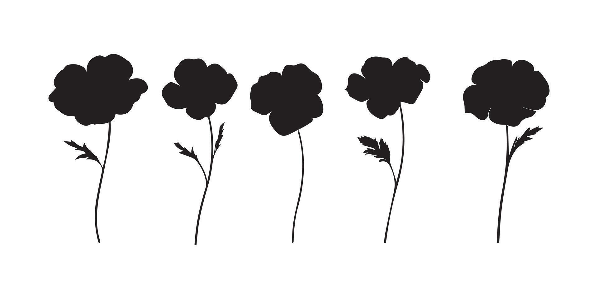 Five Silhouettes of Flowers Simple Floral Design vector