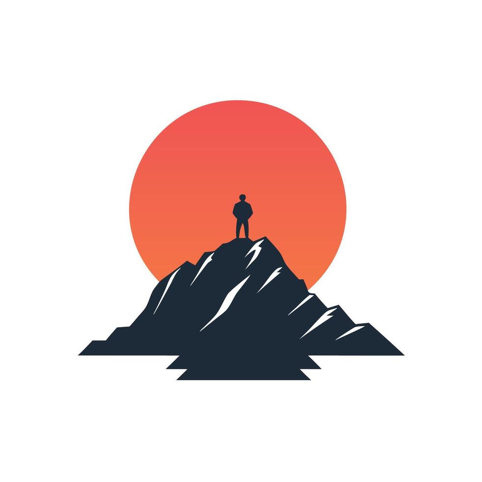 Silhouette of a Man on a Mountain Peak at Sunset vector