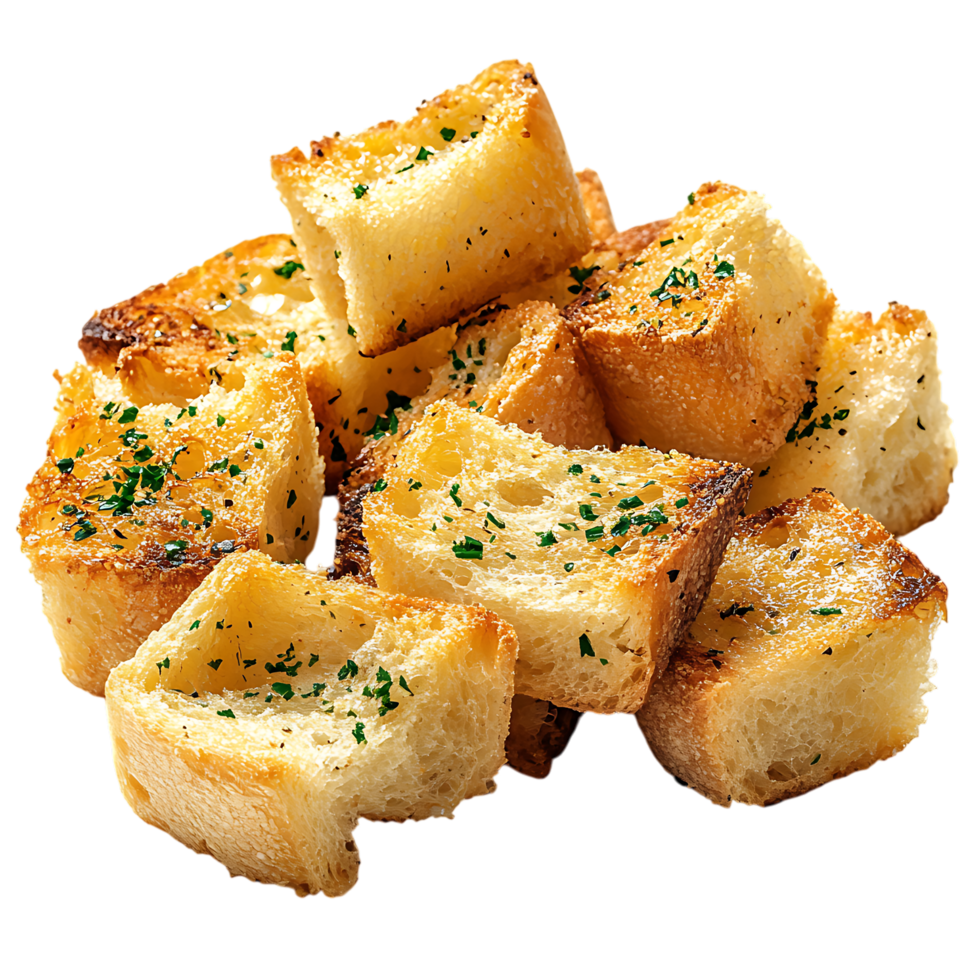 Golden Garlic Bread Croutons Against Transparent Background for Bakery Advertising, Culinary Design, Snack Branding png