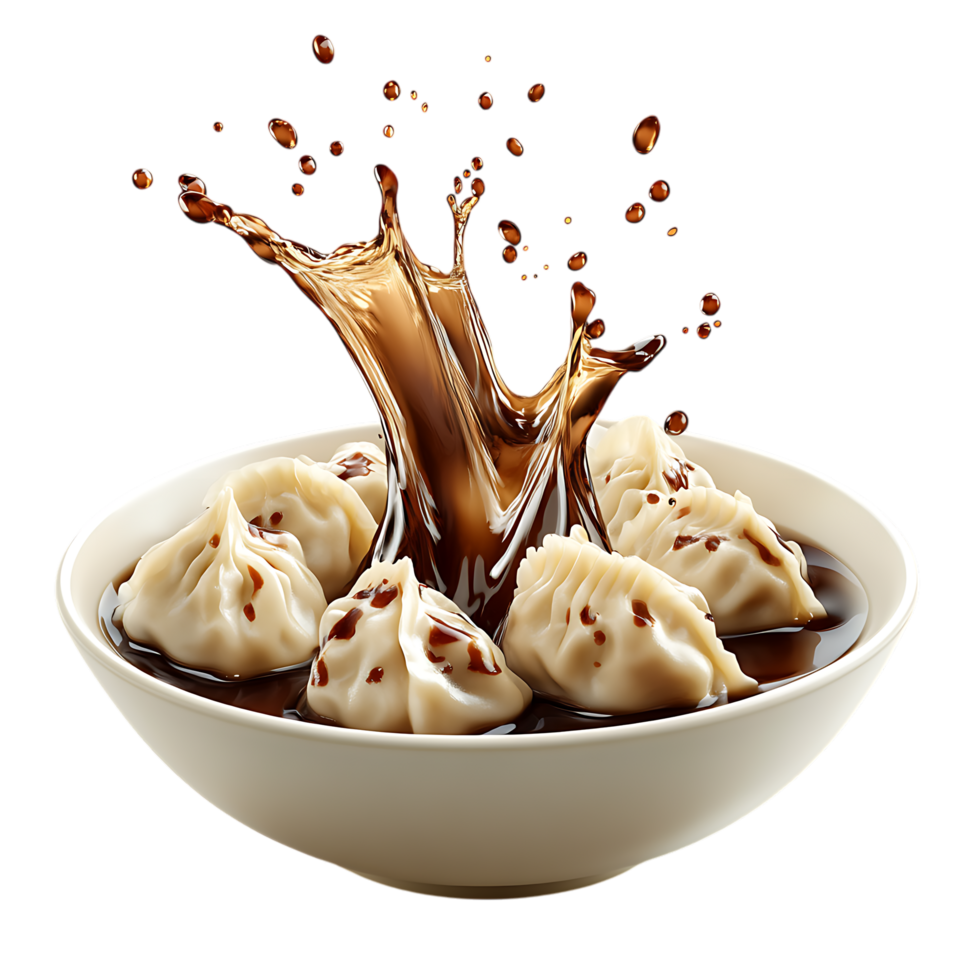 Tasty Dumplings with Dynamic Sauce Splash Against Transparent Background for Dining Concepts png
