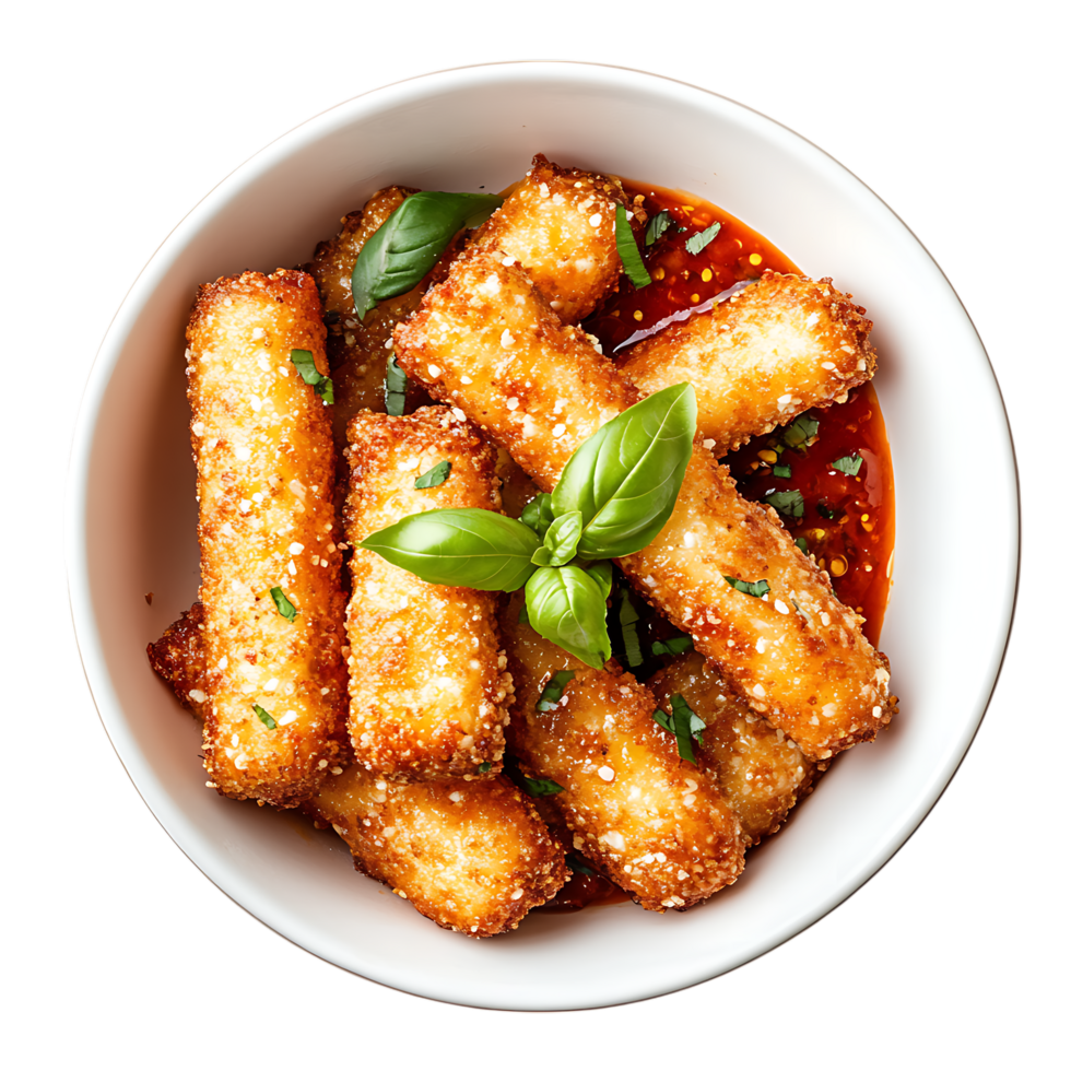 Mozzarella Sticks in Spicy Sauce Against Transparent Background for Snack Branding png
