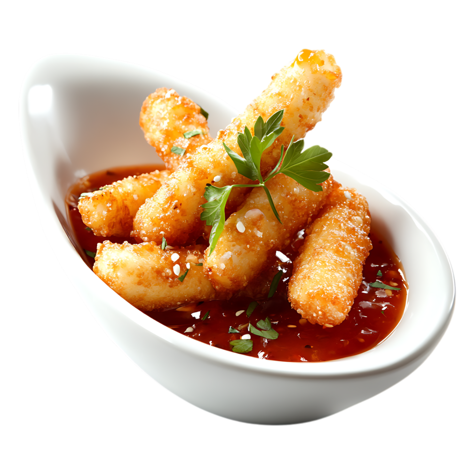 Hot Sauce-Covered Mozzarella Sticks Against Transparent Background for Street Food Ads png