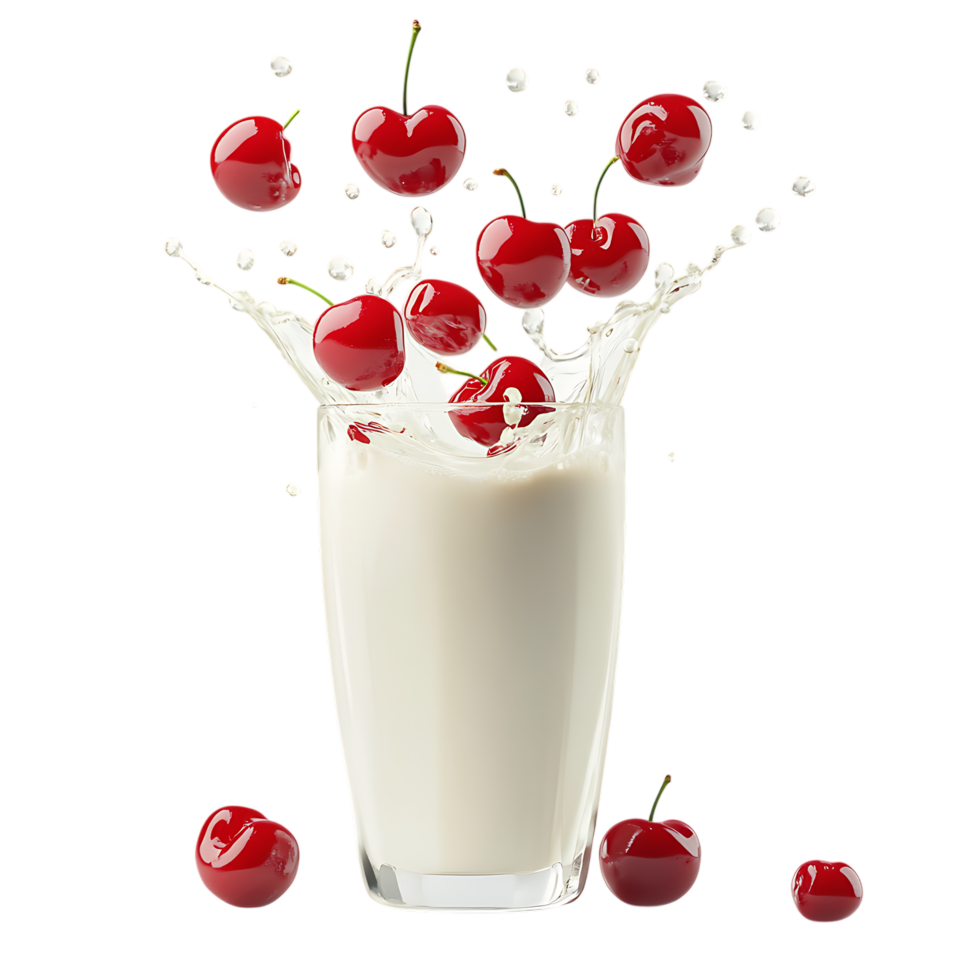 Fresh Cherries in Milk Splash Against Transparent Background for Refreshing Drink Design png