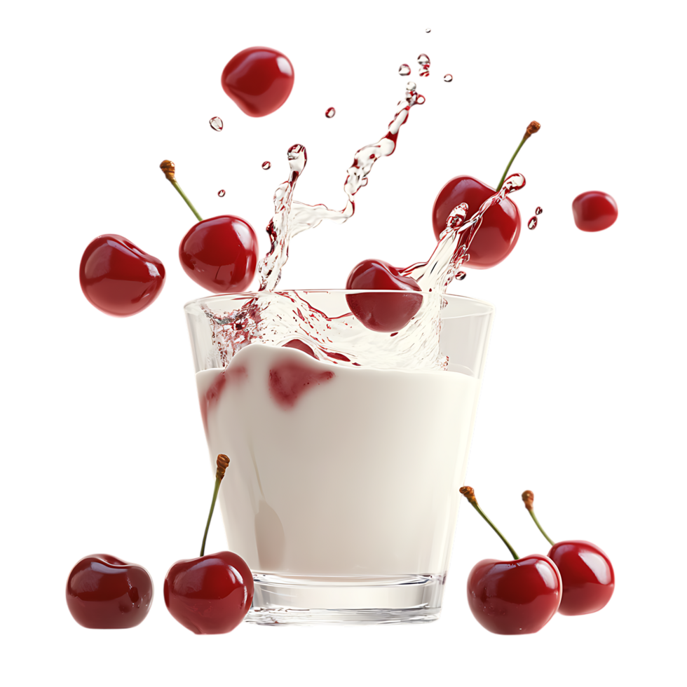 Cherries Dropping into Milk Against Transparent Background for Drink Advertisement png