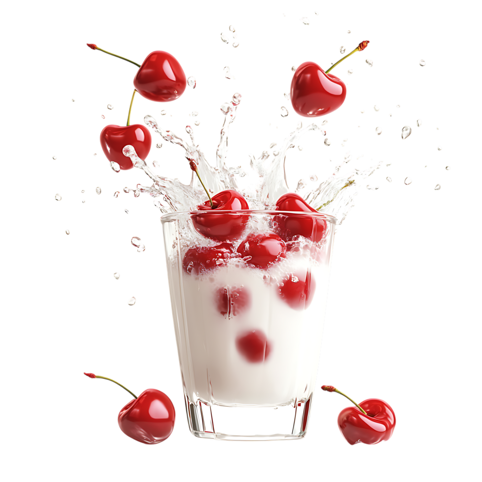 Splashing Cherries with Milk Against Transparent Background for Smoothie Branding png