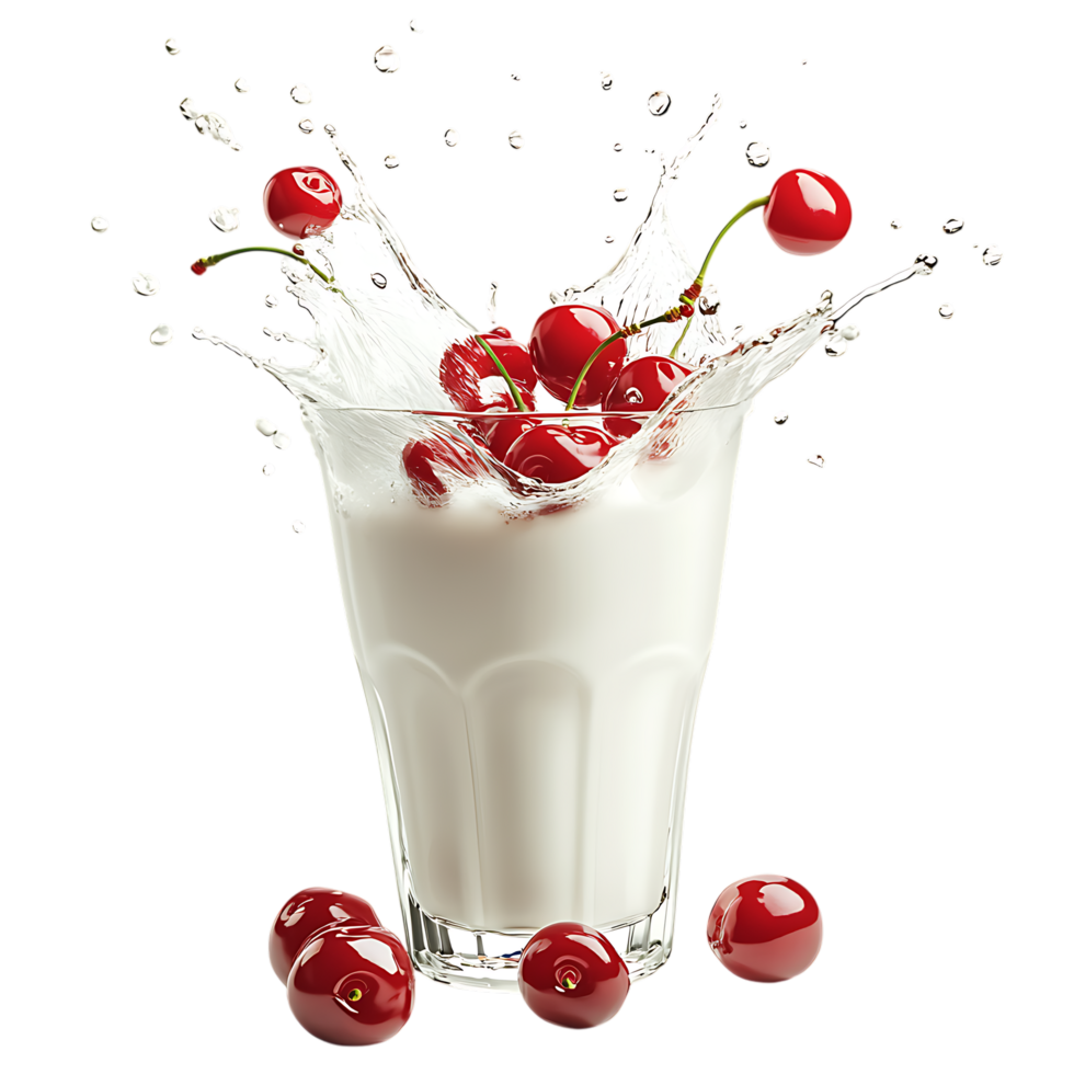 Red Cherries in Creamy Splash Against Transparent Background for Food Art Projects png