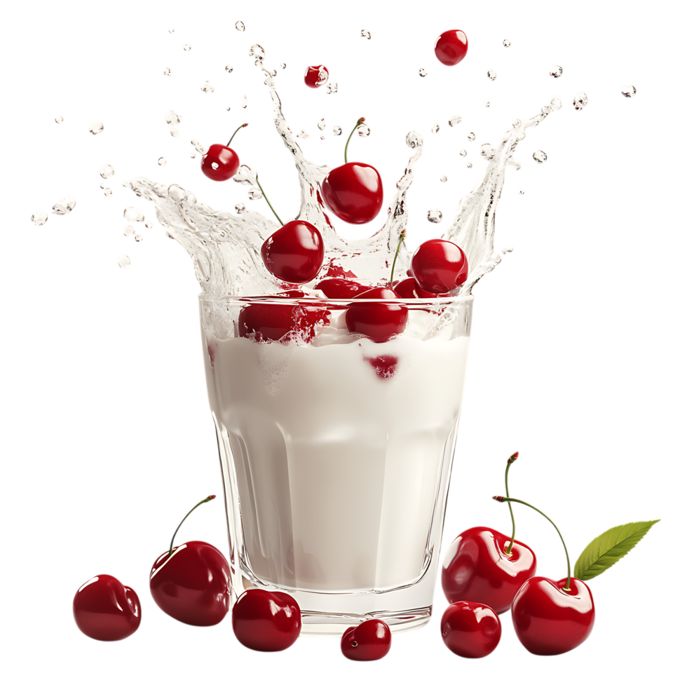 Falling Cherries into Milk Against Transparent Background for Refreshment Campaigns png