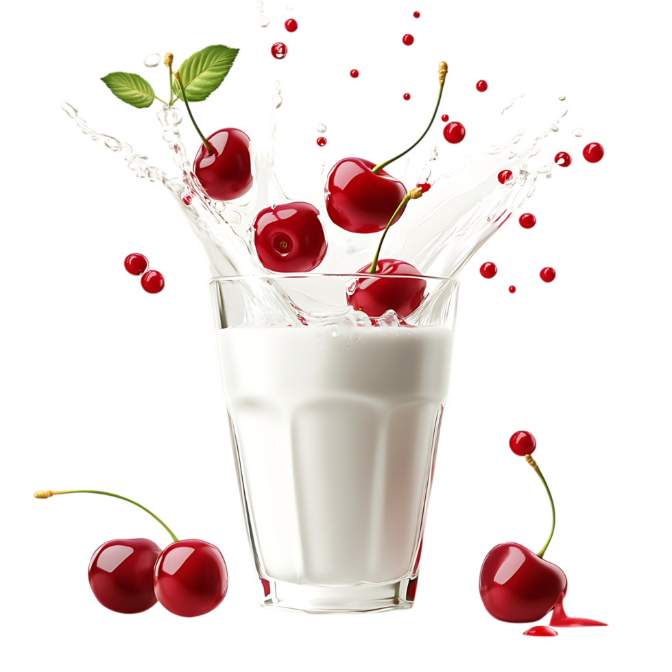 Cherry Explosion in Milk Against Transparent Background for Beverage Concept Art png