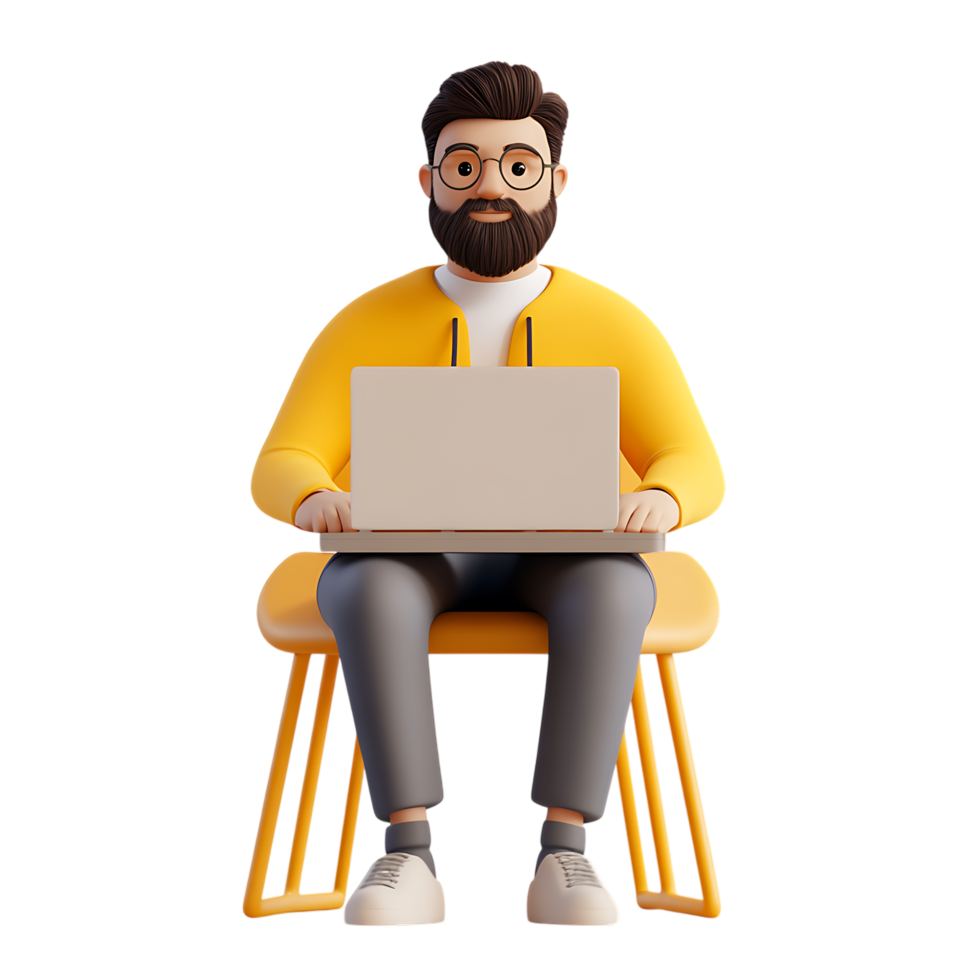 Casual Bearded Worker with Laptop Against Transparent Background for Online Job Promotion png