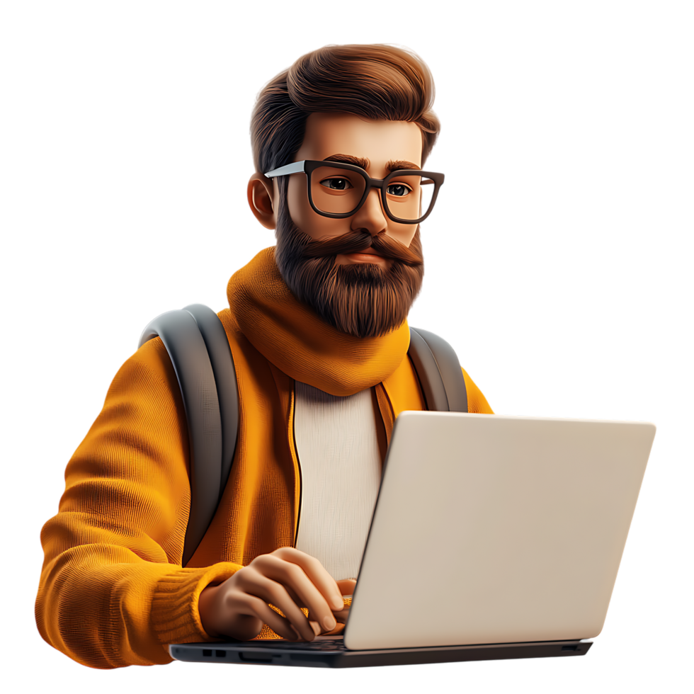 Bearded Man Working Remotely Against Transparent Background for Tech Business Design png