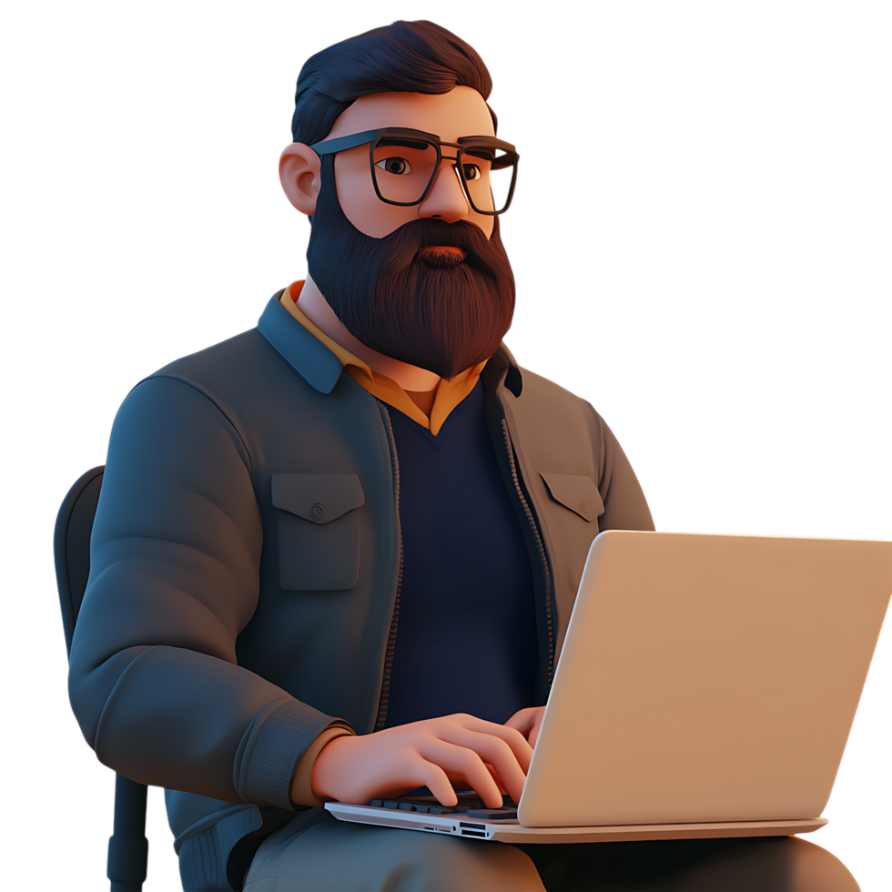 Focused Bearded Man Using Laptop Against Transparent Background for Startup Visuals png