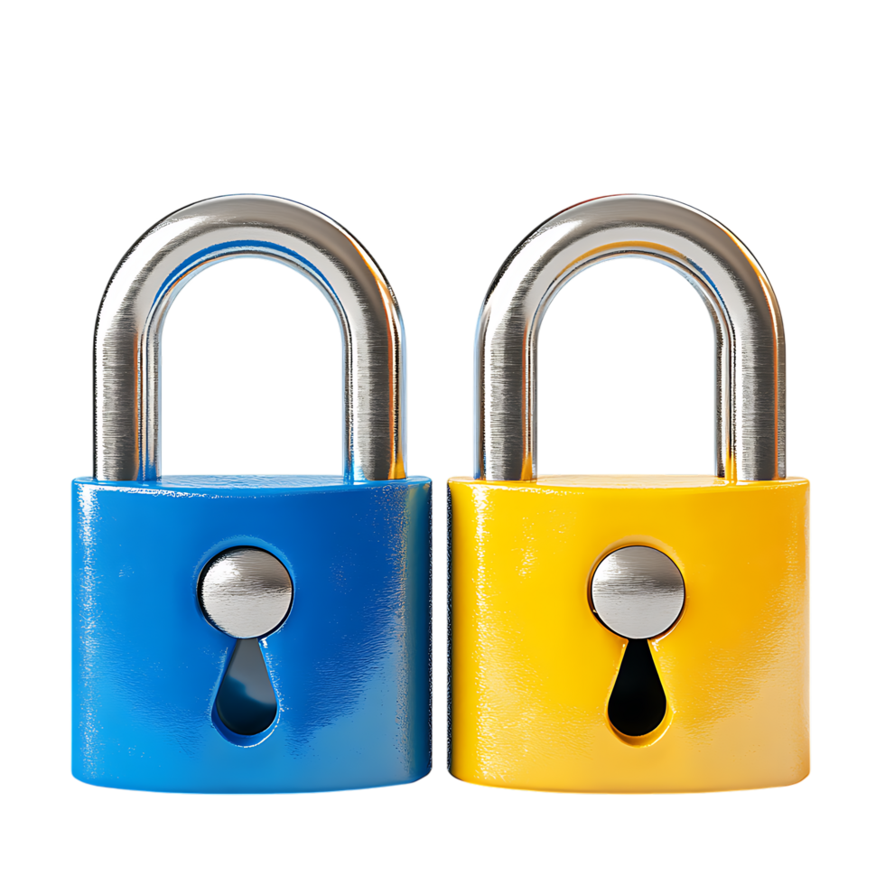 3D Padlocks in Blue and Yellow Against Transparent Background for Lock System Design png