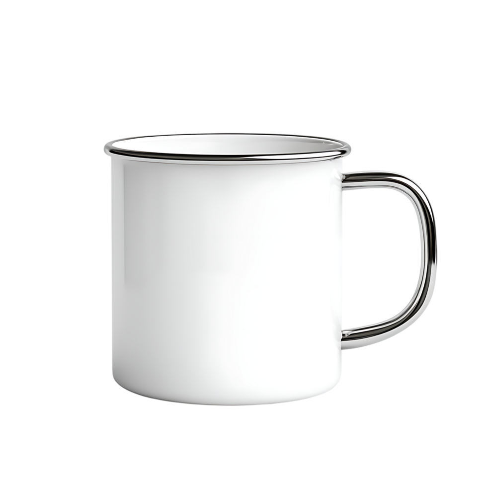 PNG White Enamel Mug with Metal Handle Against Transparent Background.