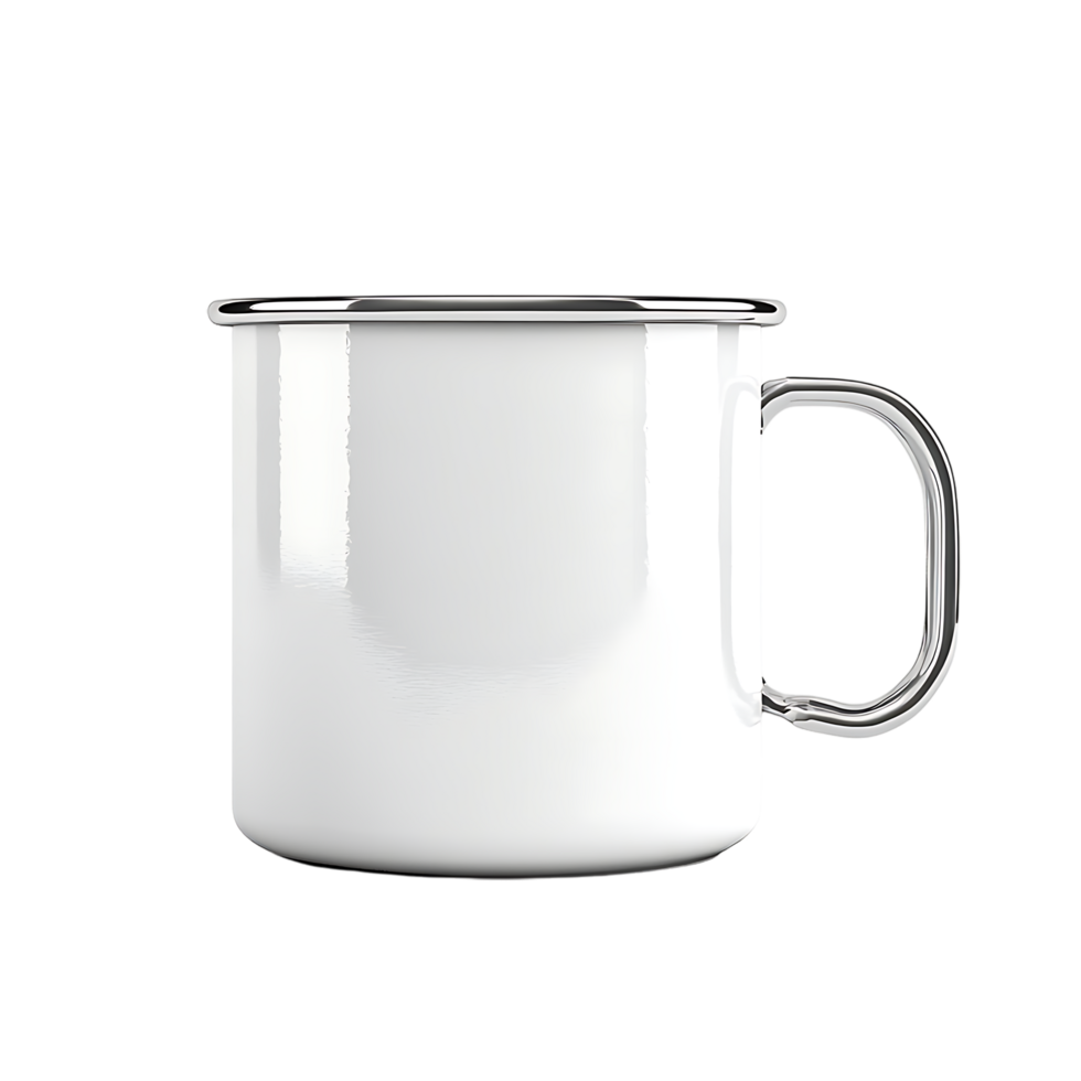 PNG White Enamel Mug with Metal Handle Against Transparent Background.