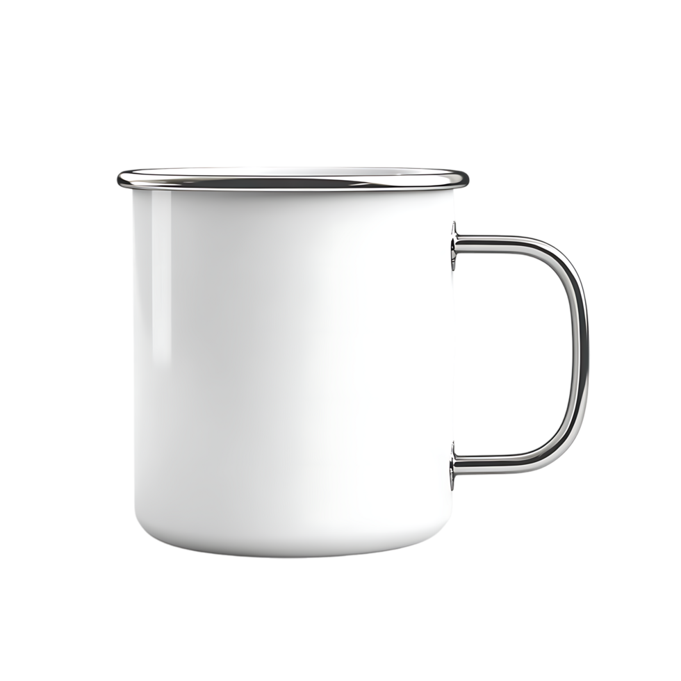 PNG White Enamel Mug with Metal Handle Against Transparent Background.