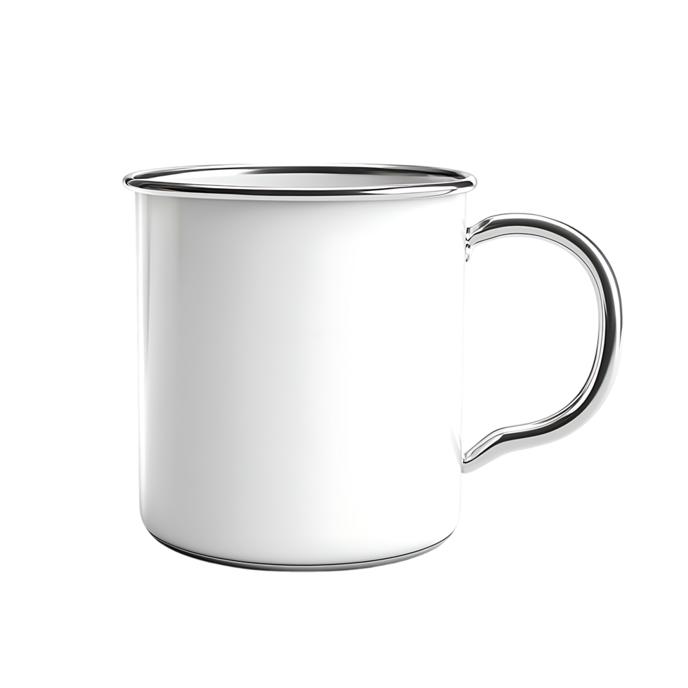 PNG White Enamel Mug with Metal Handle Against Transparent Background.