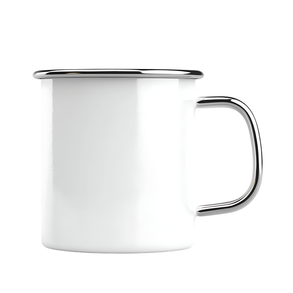 PNG White Enamel Mug with Metal Handle Against Transparent Background.