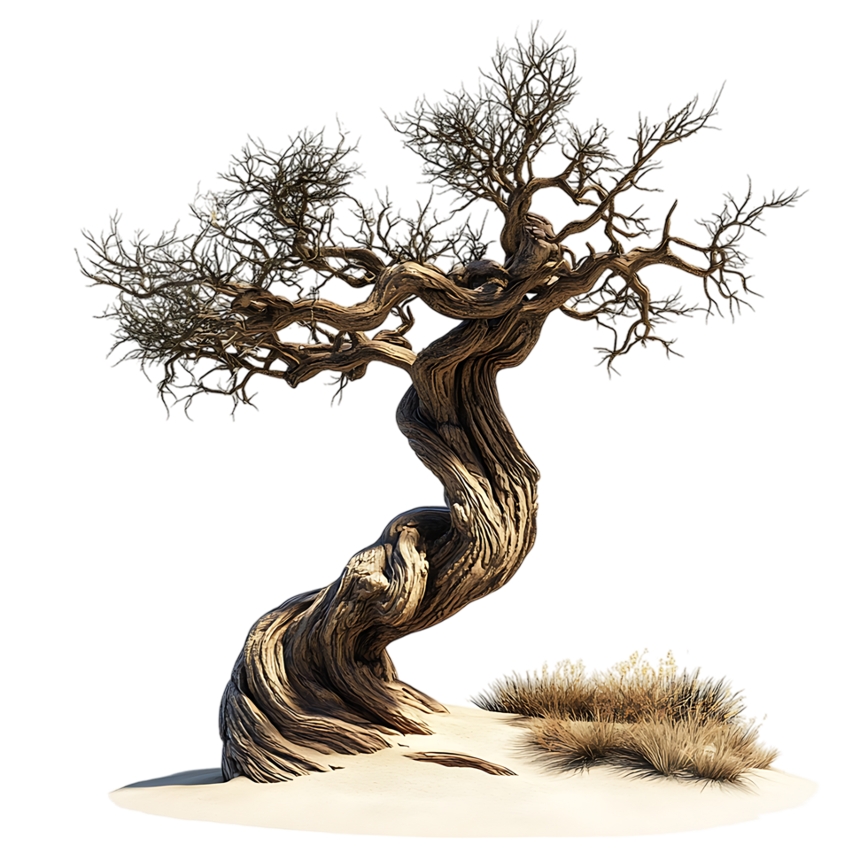 PNG Twisted Tree in Desert Landscape Against Transparent Background.
