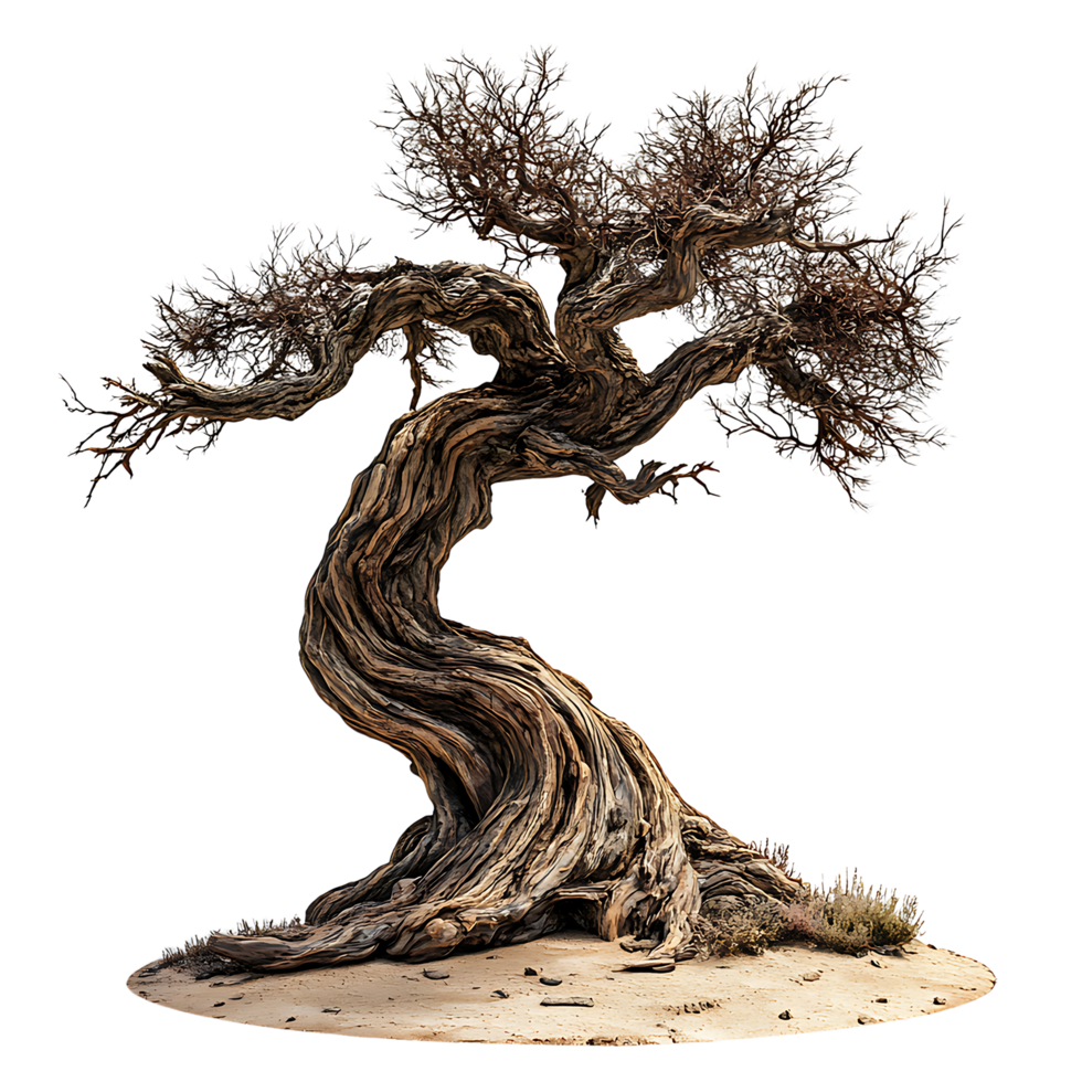 PNG Twisted Tree in Desert Landscape Against Transparent Background.