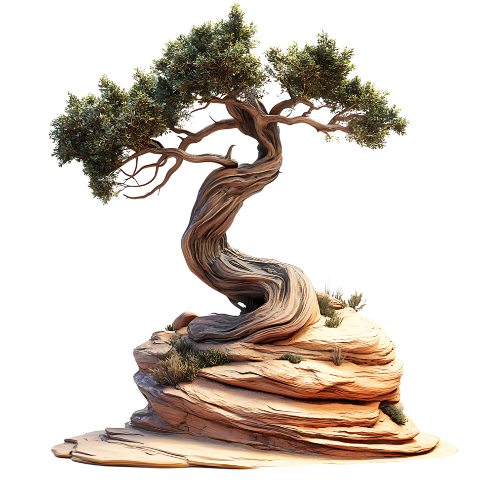 PNG Twisted Tree in Desert Landscape Against Transparent Background.