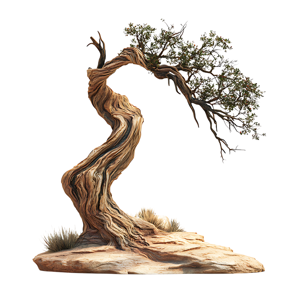 PNG Twisted Tree in Desert Landscape Against Transparent Background.