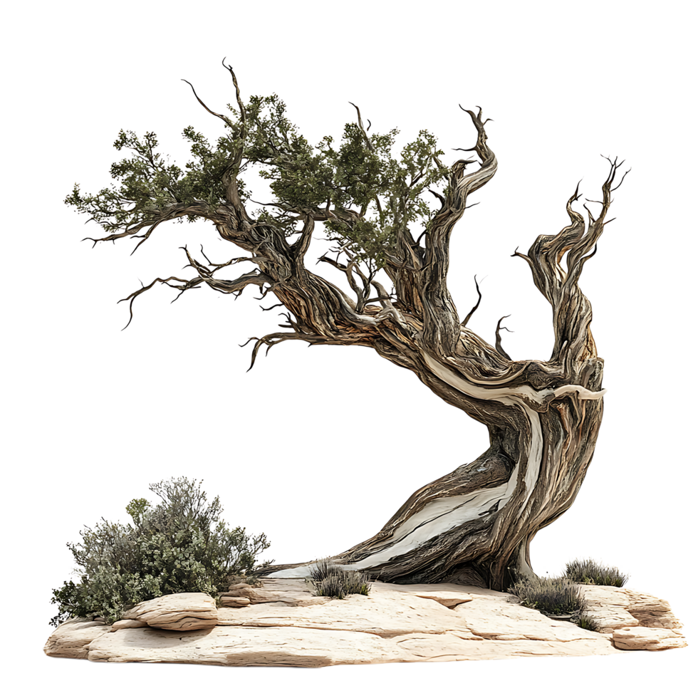PNG Twisted Tree in Desert Landscape Against Transparent Background.