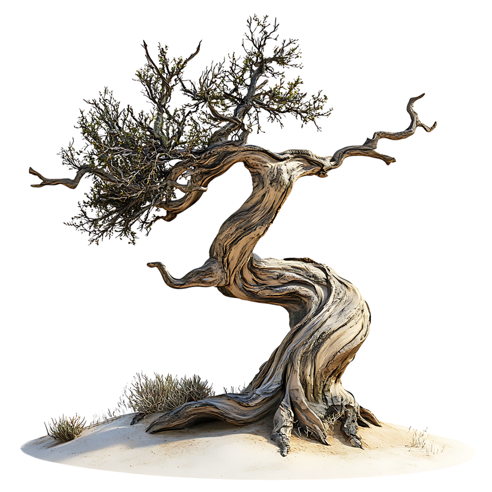 PNG Twisted Tree in Desert Landscape Against Transparent Background.