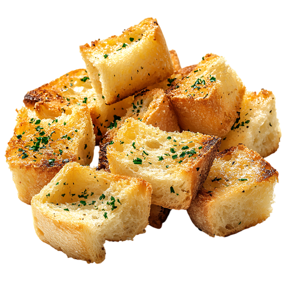 Golden Garlic Bread Croutons PNG Against Transparent Background for Bakery Advertising, Culinary Design, or Snack Branding