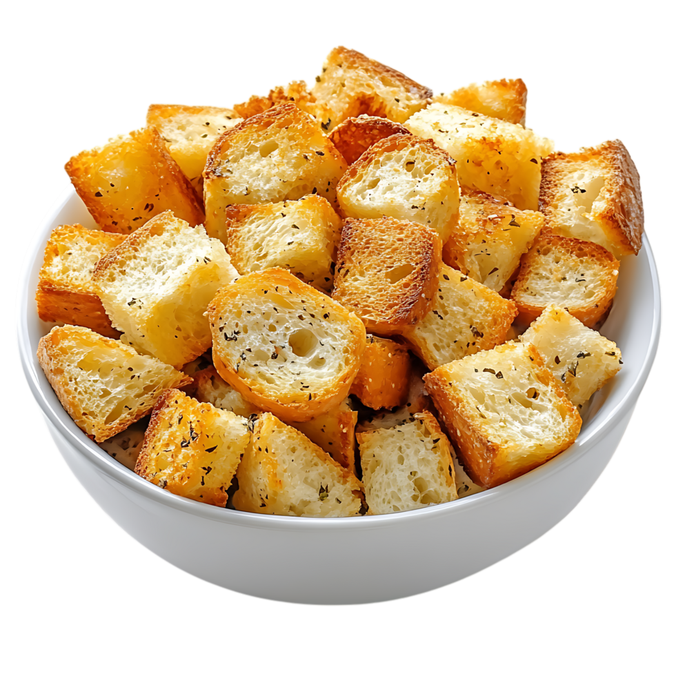 Golden Garlic Bread Croutons PNG Against Transparent Background for Bakery Advertising, Culinary Design, or Snack Branding