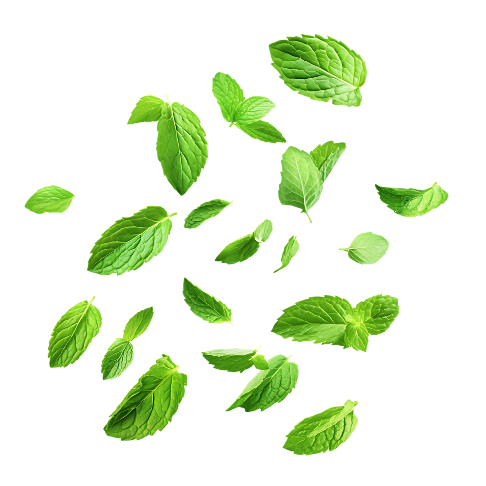 Fresh Mint Leaves Falling PNG Against Transparent Background for Herbal Remedies, Organic Products, or Refreshing Beverage Designs