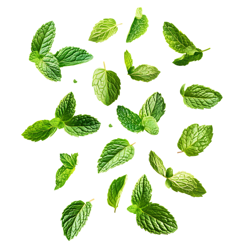 Fresh Mint Leaves Falling PNG Against Transparent Background for Herbal Remedies, Organic Products, or Refreshing Beverage Designs
