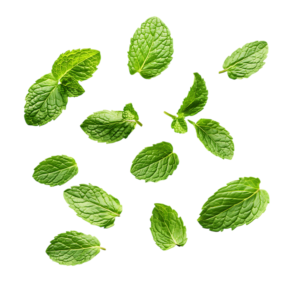 Fresh Mint Leaves Falling PNG Against Transparent Background for Herbal Remedies, Organic Products, or Refreshing Beverage Designs