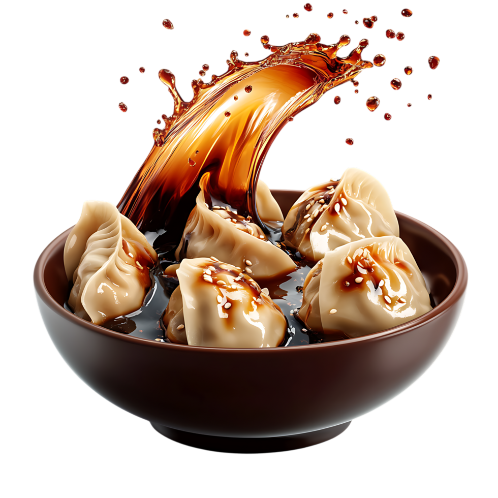 Delicious Dumplings in a Bowl with Soy Sauce Splashing PNG Against Transparent Background for Asian Cuisine, Food Branding, or Restaurant Promotion
