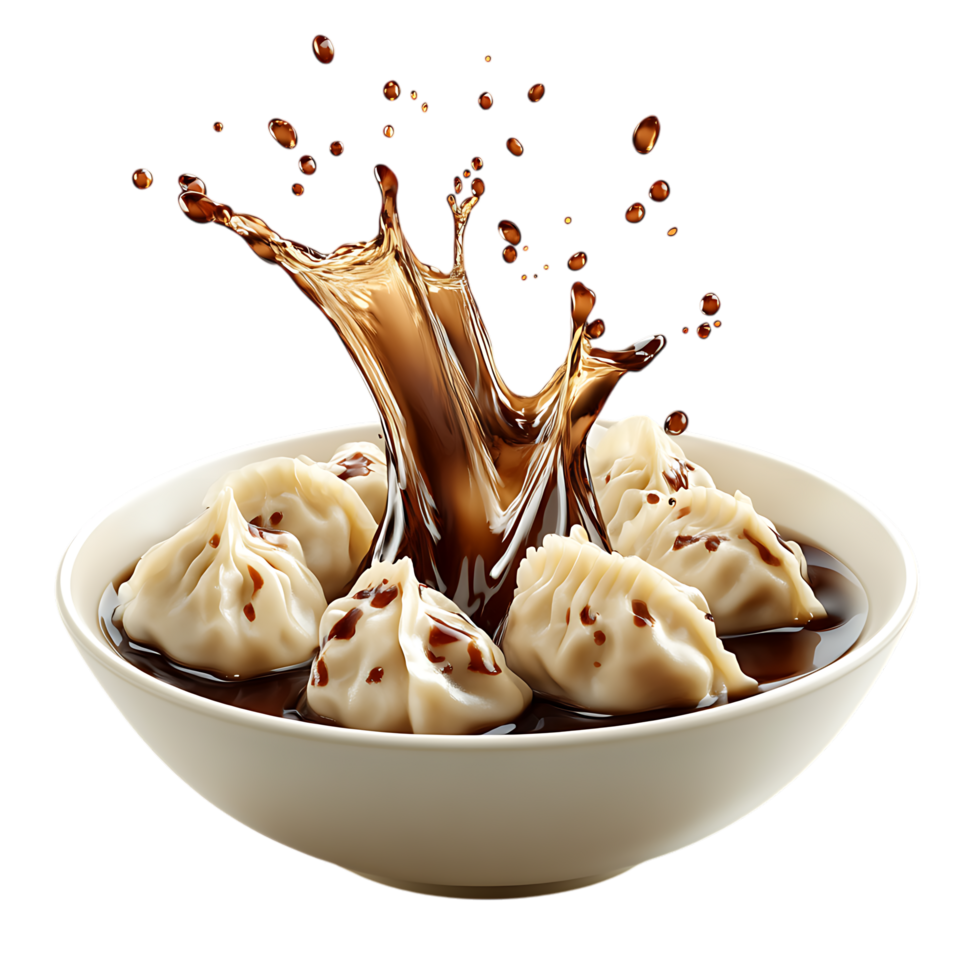 Delicious Dumplings in a Bowl with Soy Sauce Splashing PNG Against Transparent Background for Asian Cuisine, Food Branding, or Restaurant Promotion