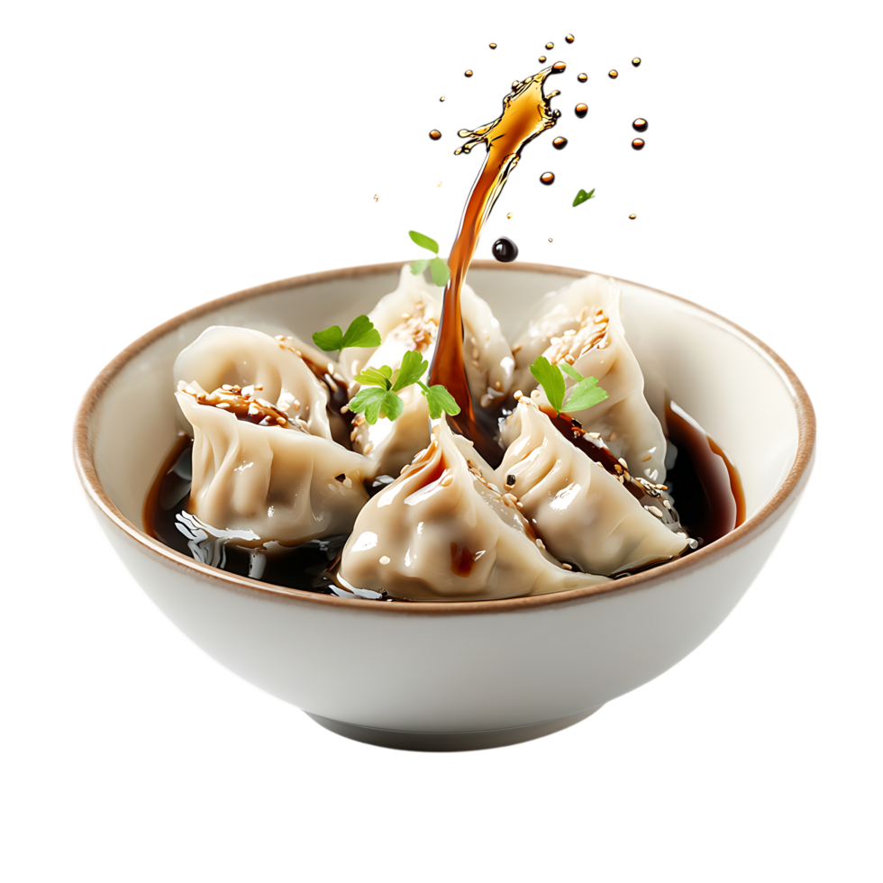 Delicious Dumplings in a Bowl with Soy Sauce Splashing PNG Against Transparent Background for Asian Cuisine, Food Branding, or Restaurant Promotion
