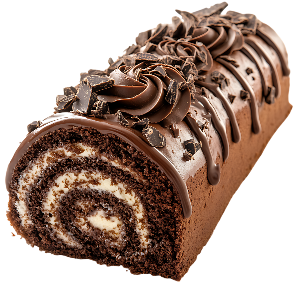 Delicious Chocolate Swiss Roll Cake PNG Against Transparent Background for Bakery Branding, Dessert Marketing, or Pastry Design