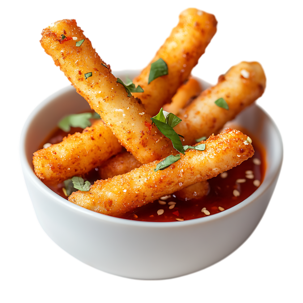 Crispy Mozzarella Sticks in Spicy Sauce PNG Against Transparent Background for Snack Branding, Appetizer Promotion, or Fast Food Marketing